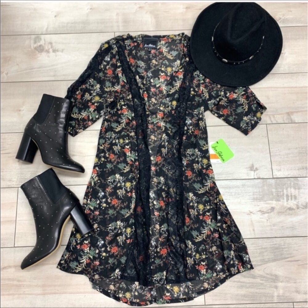 Sam Edelman Black Floral Lace Kimono Robe Sz S - Picture 2 of 7